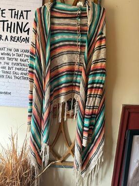 Day trip Striped Hooded Baja Hoodie/Shaw/Cardigan with Fringe - Multicolor